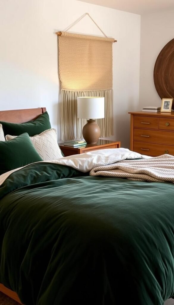 A cozy mid-century modern bedroom featuring a lush, textured bedding arrangement. In the foreground, a plush, velvet comforter in a deep forest green covers a king-sized bed, complemented by soft, woven blankets in neutral tones. Decorative pillows in velvet, boucle, and herringbone patterns add visual interest and layers of comfort. The middle ground showcases a vintage-inspired nightstand with a sleek, wooden frame and a textured ceramic lamp. In the background, a textured, woven wall hanging in earthy hues creates a warm, inviting atmosphere, while a wooden dresser with brass hardware adds a touch of mid-century flair. Soft, indirect lighting casts a gentle glow, enhancing the cozy, intimate mood.