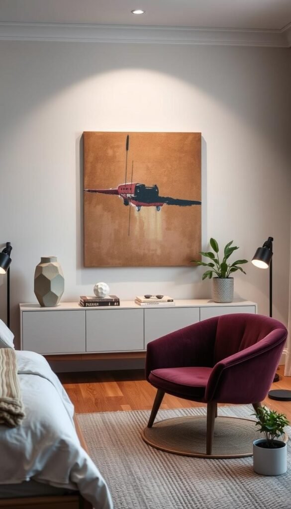 A cozy mid-century modern bedroom, filled with carefully curated accessories and decor. In the foreground, a sleek, low-profile sideboard with tapered legs, adorned with a geometric ceramic vase, a mid-century styled table lamp, and a stack of vintage-inspired books. On the wall, a large abstract canvas painting in warm, earthy tones. In the middle ground, a plush, low-profile armchair in a rich, jewel-toned velvet, complemented by a woven area rug and a small side table with a potted plant. The lighting is soft and ambient, creating a inviting and relaxing atmosphere. The overall mood is one of understated elegance and timeless style.
