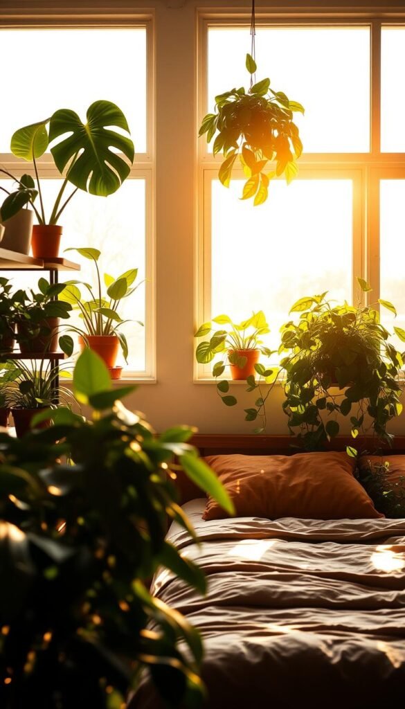A cozy mid-century modern bedroom flooded with warm, natural light streaming through large windows. In the foreground, an assortment of lush, verdant houseplants - a fiddle-leaf fig, monstera deliciosa, and pothos cascading from shelves. In the middle ground, a wooden bedframe and plush bedding in earthy tones. Indirect lighting illuminates the plants, casting soft shadows and creating a moody, serene atmosphere. The overall composition evokes a sense of harmony between the indoor and outdoor environments, blurring the boundaries between nature and living space.