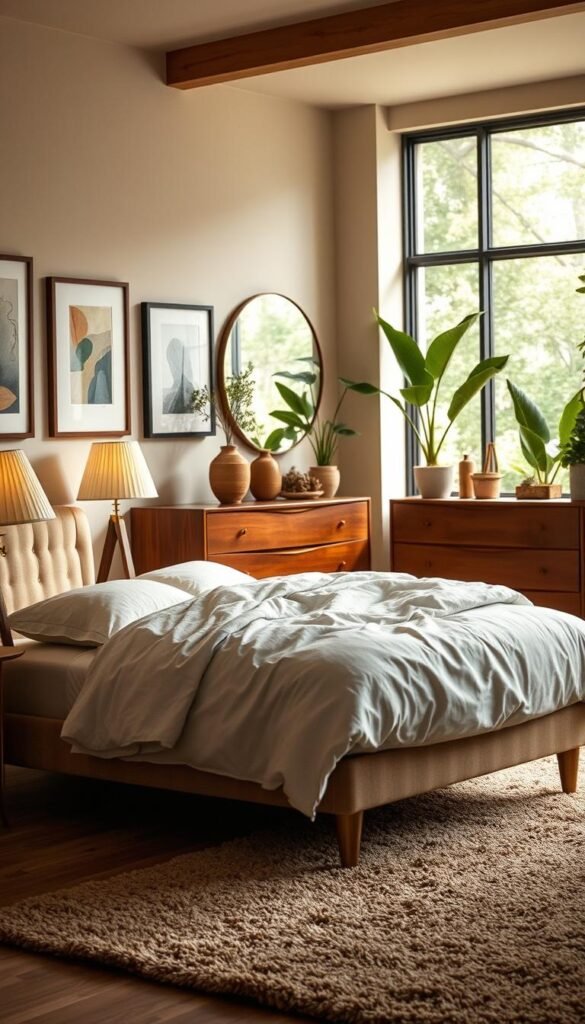 A cozy mid-century modern bedroom in warm, earthy tones. In the foreground, a plush, low-profile bed with a tufted headboard and crisp, white linen bedding. On the nightstands, vintage-inspired lamps with tapered shades cast a soft, ambient glow. In the middle ground, a mid-century dresser with sleek, wooden drawers and brass accents. On the walls, framed abstract art and a large, round mirror with a slim, metal frame. In the background, a large window floods the space with natural light, revealing lush, potted plants and a shag area rug in muted hues. The overall atmosphere is inviting, comfortable, and timeless.