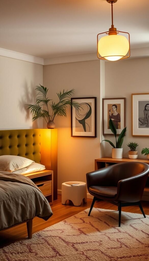 A cozy mid-century modern bedroom with a warm and inviting blend of vintage and contemporary elements. The space features a plush, tufted velvet headboard in a muted olive green, paired with sleek, minimalist side tables in a natural wood finish. Soft, ambient lighting casts a golden glow, complemented by a vintage-inspired pendant lamp with a brass frame and opal glass shade. In the corner, a modern, curved accent chair in a rich, burgundy leather invites relaxation, while a plush area rug in a geometric pattern grounds the space. Framed abstract art and potted plants add depth and texture, creating a harmonious and visually intriguing blend of old and new.