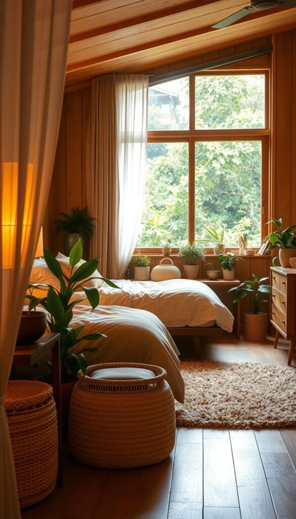 A cozy mid-century modern bedroom with a warm, organic ambiance. In the foreground, natural textures like rattan, woven baskets, and lush potted plants adorn the nightstands and dresser. Warm, diffused lighting filters through sheer curtains, casting a soft glow. In the middle ground, a plush, earthy-toned area rug grounds the scene, complementing the wood-paneled walls. The background features a large window with a view of lush greenery, blending the indoors and outdoors. Overall, the space exudes a serene, nature-inspired atmosphere, perfect for a relaxing retreat.