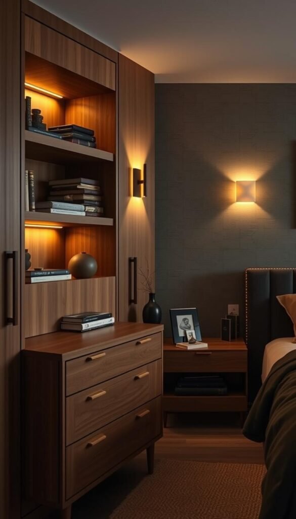A cozy, mid-century modern bedroom with seamless built-in storage solutions. In the foreground, a sleek, wooden dresser with minimalist handles blends seamlessly into the wall. Above it, a row of recessed shelves showcase a curated collection of décor and books. In the middle ground, a low-profile, floating nightstand complements the dresser, providing hidden storage space. Warm, indirect lighting from a modular wall sconce casts a soft glow, enhancing the moody, atmospheric feel. The background features textured, sage-colored walls, creating a soothing, naturalistic ambiance. The overall scene exudes a sense of refined organization and effortless style.