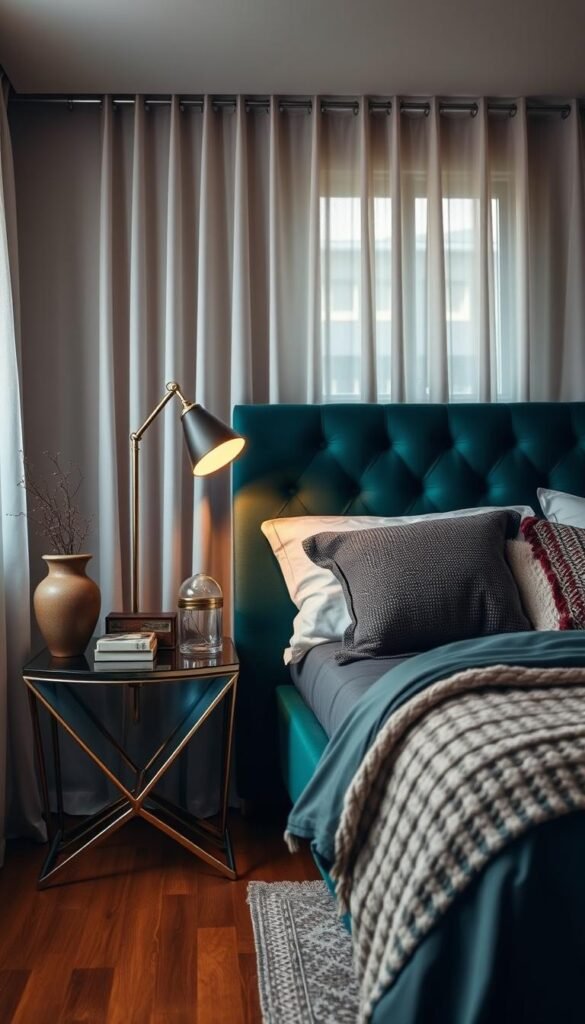 A cozy mid-century modern bedroom with warm, inviting ambiance. The foreground features a vintage-inspired metal nightstand with a sleek, angular design, adorned with a ceramic vase and a few carefully curated accessories. The middle ground showcases a plush, tufted upholstered headboard in a rich, jewel-toned color, complemented by textured throw pillows and a cozy knit blanket. The background is filled with soft, diffused natural light filtering through sheer curtains, creating a serene and relaxing atmosphere. The overall scene radiates a sense of timeless elegance and understated sophistication.
