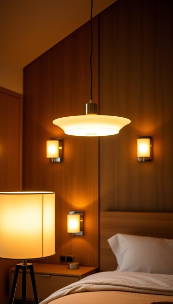 A cozy mid-century modern bedroom with warm, inviting lighting. In the foreground, a sleek, geometric floor lamp with a cylindrical shade casts a soft, diffused glow. Hanging above the bed, a minimalist pendant light with a rounded, saucer-like shape emits a gentle, ambient light. In the background, a series of wall sconces with angular, chrome frames and milk glass shades provide additional illumination, creating a harmonious, retro-inspired atmosphere. The lighting accentuates the room's clean lines, natural wood tones, and plush textiles, evoking a sense of sophisticated, timeless style.