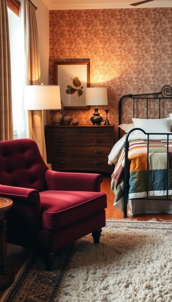 A cozy, mid-century modern bedroom with warm, vintage accents. The foreground features a tufted, velvet armchair in a rich burgundy hue, paired with a carved wooden side table and a plush, patterned area rug. In the middle ground, a brass floor lamp casts a soft, ambient glow, illuminating a wooden dresser adorned with ceramic vases and framed artwork. The background showcases a wrought-iron bed frame with a patchwork quilt and linen bedding, set against a wall with textured, earthy wallpaper. The overall mood is one of moody elegance, with a touch of nostalgia.