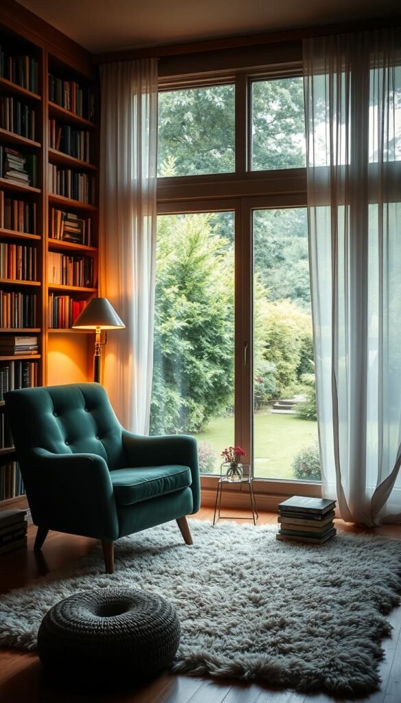 A cozy mid-century modern reading nook, bathed in warm, soft lighting from a vintage floor lamp. Plush velvet armchair in a deep emerald hue, set against a backdrop of wooden shelves filled with well-worn books. A fluffy, textured area rug grounds the space, while large windows offer a view of a lush, verdant garden outside. Gentle, natural sunlight filters through sheer curtains, casting a serene, tranquil atmosphere. Subtle, muted tones create a calming, introspective mood, inviting the viewer to curl up and lose themselves in the pages of a captivating novel.