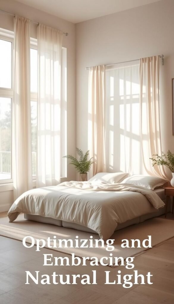 A cozy, minimalist bedroom bathed in natural light. Soft, diffused rays from large windows illuminate a serene space, casting gentle shadows on neutral-toned walls. An oversized, plush bed takes center stage, inviting warmth and comfort. Wispy linen curtains gently billow, allowing the outdoors to seamlessly flow in. Carefully curated decor, like a potted plant and a wooden side table, add natural accents. The overall atmosphere exudes a calming, relaxed mood, perfectly capturing the essence of "Optimizing and Embracing Natural Light".