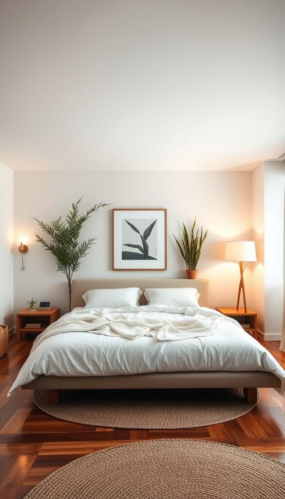 A cozy, minimalist bedroom with a neutral color palette. The focal point is a low-profile, king-size platform bed dressed in soft, ivory linens and plush throw pillows. Indirect lighting from wall sconces and a floor lamp creates a warm, intimate ambiance. The hardwood floors are covered with a natural-fiber area rug, adding texture and comfort. Tall, potted plants and a framed artwork on the wall contribute to the serene, nature-inspired atmosphere. Emphasis on clean lines, natural materials, and a calming, harmonious composition for a modern, restful retreat.