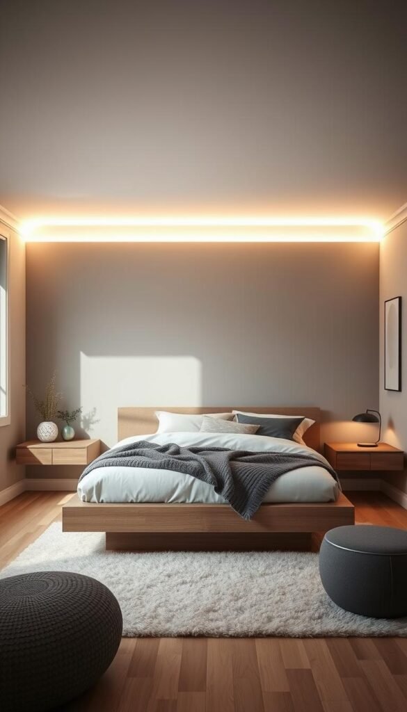 A cozy modern bedroom bathed in a soft, warm glow from cove lighting that accentuates the clean lines and minimalist decor. The lighting is positioned discreetly along the ceiling, casting a diffuse, ambient light that creates a serene and inviting atmosphere. Sleek, contemporary furniture, such as a low-profile platform bed and floating nightstands, complement the muted color palette of greys, whites, and natural wood tones. Subtle textures, like a plush area rug and knit throw, add depth and visual interest. The overall effect is one of relaxation and tranquility, perfect for a small, modern bedroom.