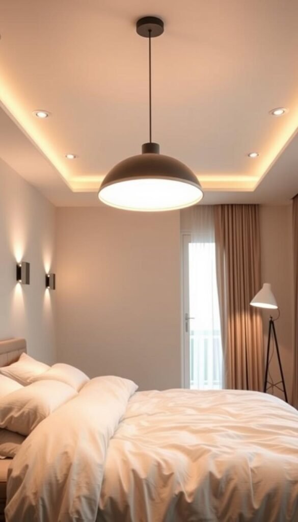 A cozy, modern bedroom with a layered lighting design. In the foreground, a sleek pendant light fixture casts a warm, ambient glow over the plush, minimalist bedding. In the middle ground, recessed ceiling lights bathe the room in a soft, even illumination, highlighting the neutral color palette and clean lines of the furniture. The background features a large window, allowing natural light to filter in and create a tranquil, atmospheric ambiance. Subtle sconces on the wall add depth and dimension, while a statement floor lamp in the corner provides a focal point and reading nook. The overall lighting scheme creates a serene, spa-like retreat, perfect for relaxation and repose.