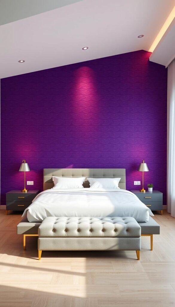 A cozy, modern bedroom with a striking purple accent wall as the focal point. The wall is adorned with an elegant, textured pattern that adds depth and visual interest. Soft, diffused lighting casts a warm, inviting glow throughout the space, creating a serene and calming atmosphere. In the foreground, a minimalist platform bed with crisp, white linens is positioned to showcase the accent wall. Sleek, contemporary nightstands flank the bed, with subtle brass accents that complement the overall aesthetic. The middle ground features a plush, tufted bench at the foot of the bed, inviting relaxation. The background showcases a neutral-toned hardwood floor and a large window, allowing natural light to flood the room and create a sense of openness and airiness.