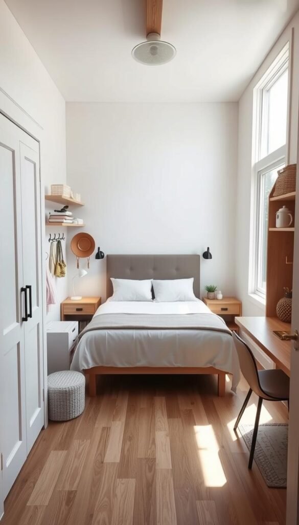 A cozy, modern cottage bedroom with a well-designed small space layout. A minimalist double bed with a sleek headboard occupies the center, accompanied by two nightstands with minimal decor. In the corners, a compact wardrobe and a desk with a chair provide additional storage and workspace. Natural light streams in through the large window, illuminating the room's soothing color palette of neutral tones and natural wood accents. Strategically placed shelves, hooks, and baskets optimize every inch, showcasing an efficient and visually appealing solution for a compact, yet comfortable, bedroom retreat.