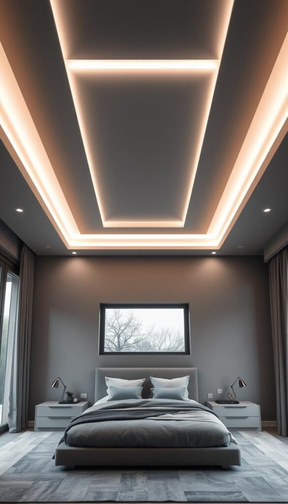 A cozy, modern grey bedroom with a stylish, minimalist ceiling design. The ceiling features a geometric pattern of recessed lighting panels, creating a soft, ambient glow that illuminates the space. The walls are painted in a soothing, dove grey tone, complementing the monochrome palette. The bedroom furniture, including a low-profile platform bed and sleek bedside tables, are also in shades of grey, contributing to the cohesive, elegant aesthetic. Large windows allow natural light to flood the room, casting a warm, inviting atmosphere. The overall effect is one of calm sophistication, perfect for a restful, restorative sleep.
