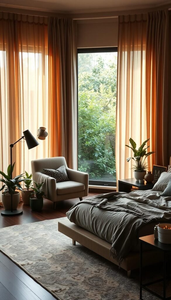 A cozy, modern personal bedroom sanctuary, flooded with warm, soft lighting filtering through sheer curtains. A plush, oversized armchair nestled in the corner, facing a large picture window overlooking a lush garden. The bed is a minimalist platform, layered with sumptuous linens and textiles in earthy tones. Accent pieces like a sculptural floor lamp, potted plants, and a sleek side table create a serene, harmonious ambiance. The overall mood is one of tranquility, comfort, and mindful relaxation - a true private oasis away from the world.
