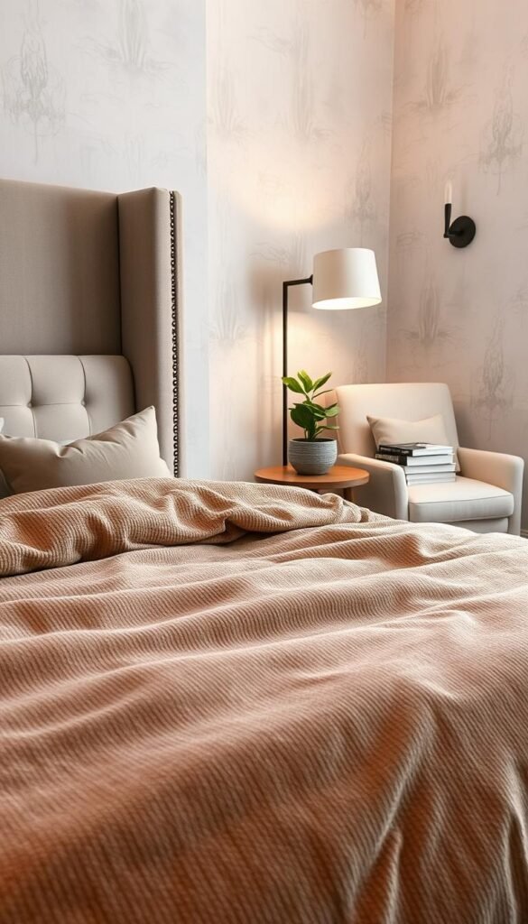 A cozy, neutral bedroom with layered textures. In the foreground, a plush, textured duvet cover in an earthy tone cascades over a tufted headboard. Midground showcases a linen-upholstered armchair and a wooden side table with a stack of books and a potted plant. The background features a muted, abstract wallpaper with subtle patterns, providing depth and visual interest. Soft, diffused lighting from a floor lamp and wall sconces creates a warm, inviting ambiance. The entire scene exudes a sense of calm, comfort, and sophistication, perfect for a restful, modern bedroom retreat.