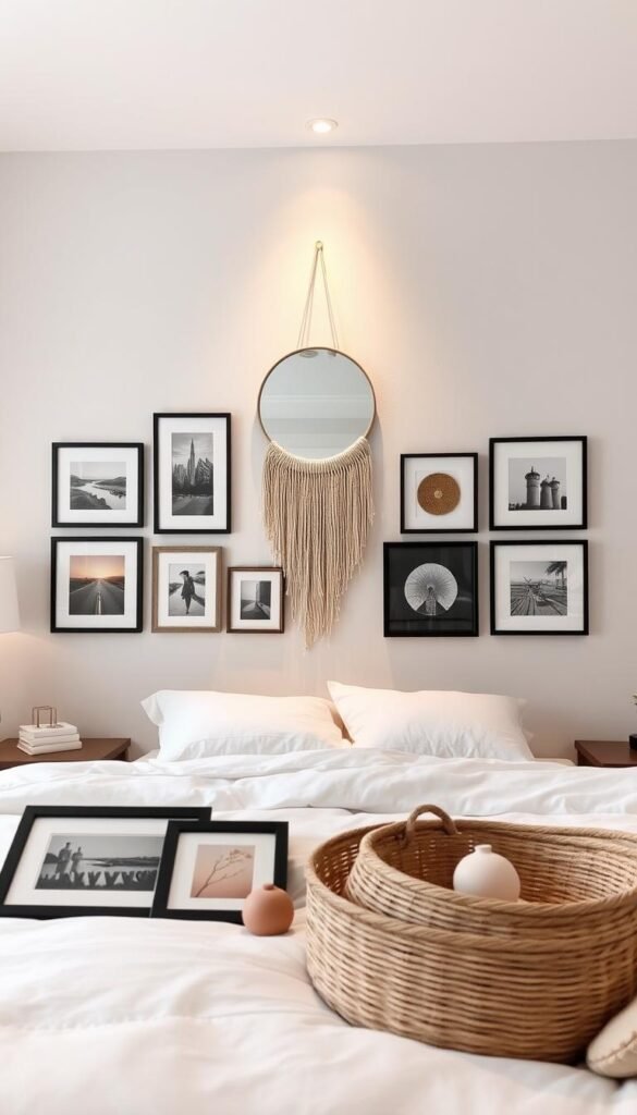 A cozy, neutral-toned bedroom with a thoughtfully curated wall display. In the foreground, an arrangement of framed artwork and photographs in a harmonious color palette, layered with textural elements like woven baskets or small sculptural pieces. The middle ground features a statement mirror or decorative wall hanging, casting a warm glow from soft, diffused lighting. In the background, subtle wallpaper or a textured plaster finish creates a serene, gallery-like atmosphere. The overall composition evokes a sense of tranquility and considered style, complementing the modern, minimalist aesthetic of the space.