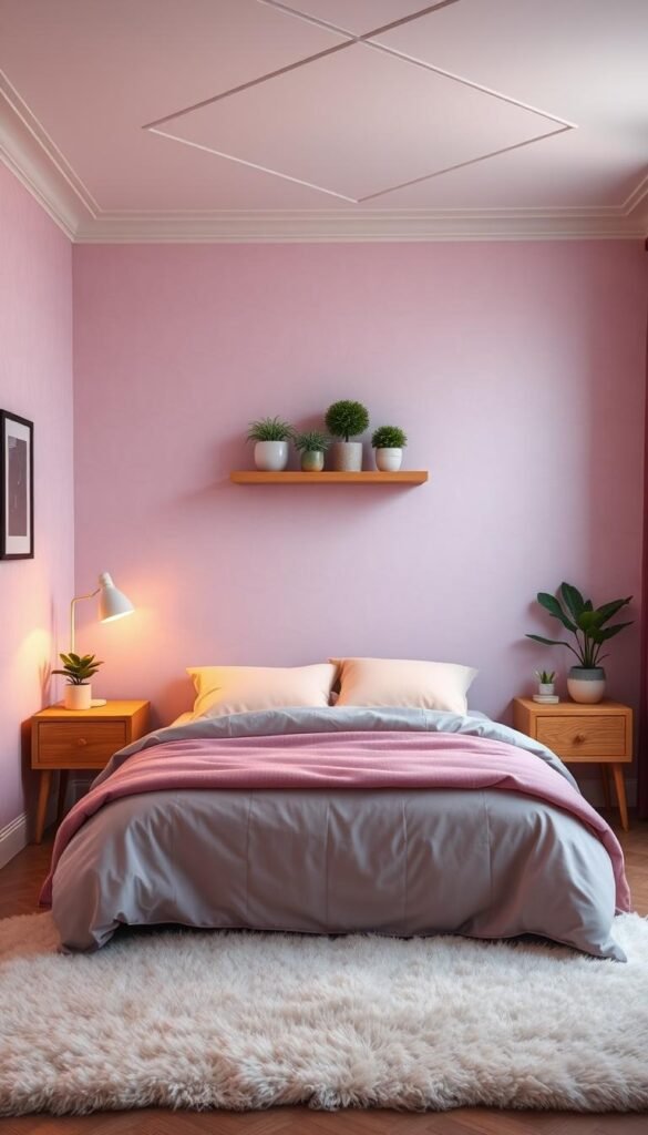 A cozy pastel-hued bedroom bathed in warm, diffused lighting. The focal point is a plush, inviting bed framed by a delicate geometric wallpaper in soft shades of pink and lavender. Minimalist wooden nightstands and a floating shelf display decorative ceramics and potted plants, adding pops of greenery. The floor is covered in a fluffy, pale rug, while the ceiling features a subtle geometric pattern. The overall ambiance is one of tranquility and playfulness, creating a harmonious, sophisticated space perfect for relaxation.