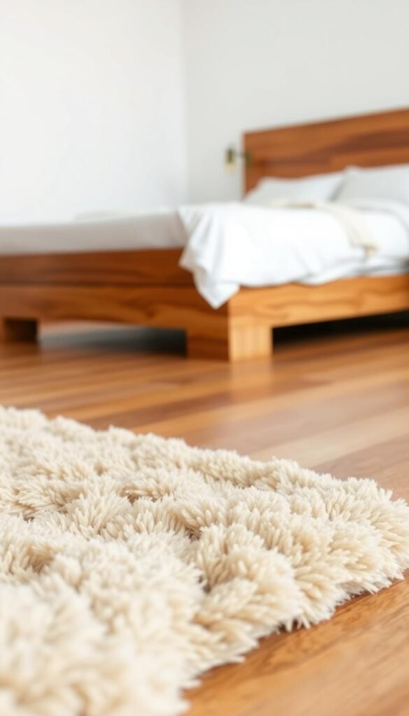 A cozy, plush rug in a warm beige hue lies invitingly on a hardwood floor, its soft fibers beckoning bare feet. The rug is positioned in the foreground, filling the frame with its welcoming presence. In the middle ground, a low-profile, modern bed with crisp white bedding and a wood headboard creates a serene, minimalist atmosphere. Soft, diffused lighting from a pair of wall sconces casts a gentle glow, enveloping the space in a tranquil, comforting ambiance. The background features clean, white walls, adding to the overall sense of calm and simplicity that permeates the scene.