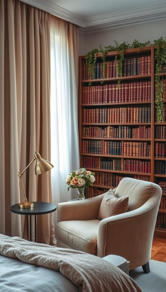 A cozy reading nook in a modern feminine bedroom, bathed in soft natural light filtering through sheer curtains. A plush armchair in a warm neutral tone invites you to sink in with a good book. A small side table holds a fresh bouquet of flowers and a tarnished brass lamp, casting a gentle glow. In the background, a floor-to-ceiling bookshelf filled with leather-bound volumes stands as the focal point, complemented by delicate trailing plants. The overall atmosphere is one of tranquility and refined comfort, perfect for an afternoon spent indulging in literary escapism. A cozy reading nook in a modern feminine bedroom, bathed in soft natural light filtering through sheer curtains. A plush armchair in a warm neutral tone invites you to sink in with a good book. A small side table holds a fresh bouquet of flowers and a tarnished brass lamp, casting a gentle glow. In the background, a floor-to-ceiling bookshelf filled with leather-bound volumes stands as the focal point, complemented by delicate trailing plants. The overall atmosphere is one of tranquility and refined comfort, perfect for an afternoon spent indulging in literary escapism.