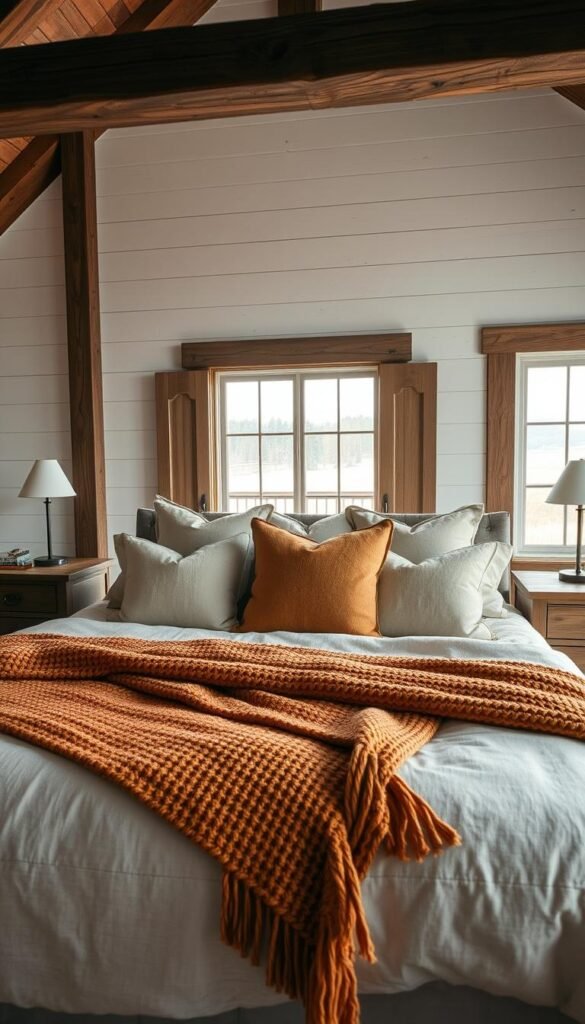 A cozy rustic bedroom with warm, inviting layers of bedding. In the foreground, a plush king-size bed is dressed in a soft linen duvet cover in an earthy neutral tone, accented with a chunky knit throw blanket in a muted rust shade. Atop the bed, several overstuffed pillows in complementary hues of taupe and ochre create a comfortable, nest-like effect. The middle ground features a pair of nighstands with wooden frames and metal hardware, each topped with a minimalist table lamp casting a gentle glow. In the background, exposed wooden beams and whitewashed shiplap walls establish a modern farmhouse ambiance, while a large window lets in natural light and scenic outdoor views. The overall mood is one of relaxed sophistication and rustic elegance.