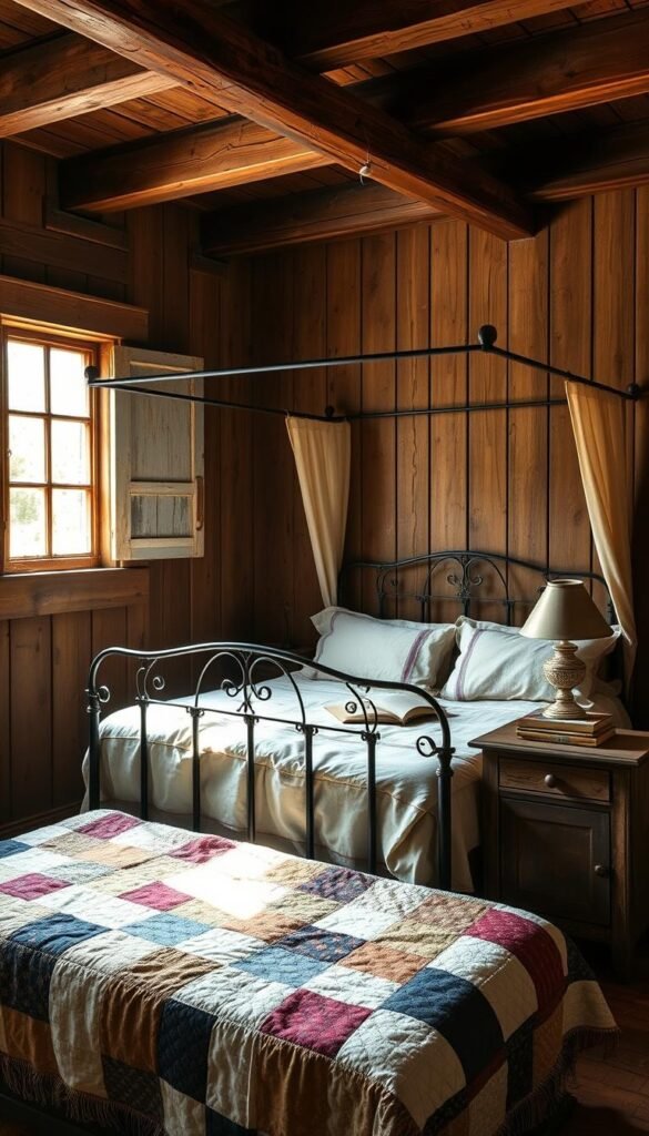 A cozy rustic bedroom with weathered wood paneling on the walls, complemented by a wrought-iron canopy bed draped in soft, linen bedding. Sunlight streams through an aged, distressed window, casting warm, golden hues across the room. A worn, patchwork quilt rests at the foot of the bed, adding to the earthy, natural ambiance. In the corner, a weathered nightstand holds a vintage lamp, its soft glow illuminating a stack of well-worn books. Wooden beams crisscross the ceiling, creating a charming, cabin-like atmosphere. The overall scene exudes a sense of timeless, lived-in comfort and a connection to nature.