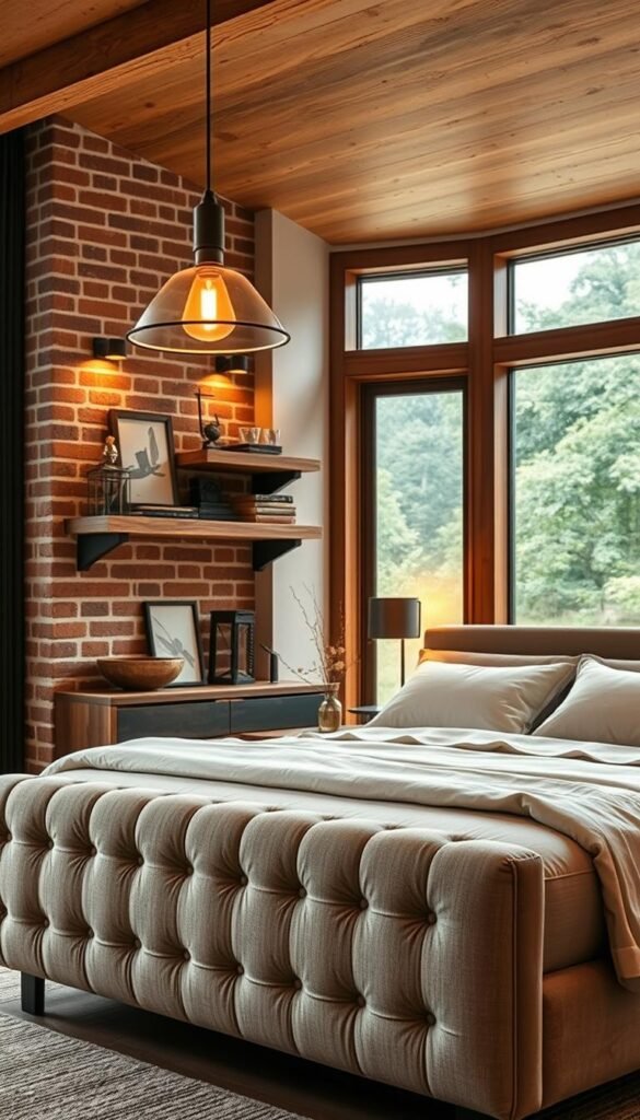 A cozy, rustic-modern bedroom with warm wood tones, clean lines, and a touch of industrial chic. In the foreground, a plush, tufted upholstered bed frame with a soft, neutral bedding set. Behind it, a feature wall with exposed brick and reclaimed wood shelving, showcasing artisanal décor. Warm, ambient lighting from a sleek, minimalist pendant lamp and wall sconces casts a gentle glow, creating a serene and inviting atmosphere. In the background, large windows provide natural light and a view of a lush, natural landscape, blending the indoors and outdoors. The overall aesthetic is a harmonious balance of natural textures, modern furnishings, and subtle industrial accents.