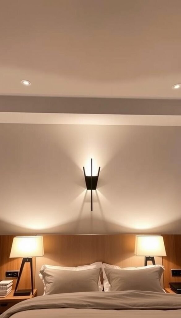 A cozy, serene master bedroom with a layered lighting design. In the foreground, a pair of sleek, angular bedside lamps cast a warm, ambient glow. In the middle ground, recessed ceiling lights bathe the space in a soft, diffused illumination. The background features a dramatic, architectural wall sconce that casts dramatic shadows, creating a moody, atmospheric ambiance. The lighting is balanced, complementing the modern, minimalist decor and warm, natural wood tones. Subtle, adjustable dimmers allow for customizable mood lighting. The overall effect is a luxurious, spa-like retreat - the perfect sanctuary for couples seeking relaxation and rejuvenation.