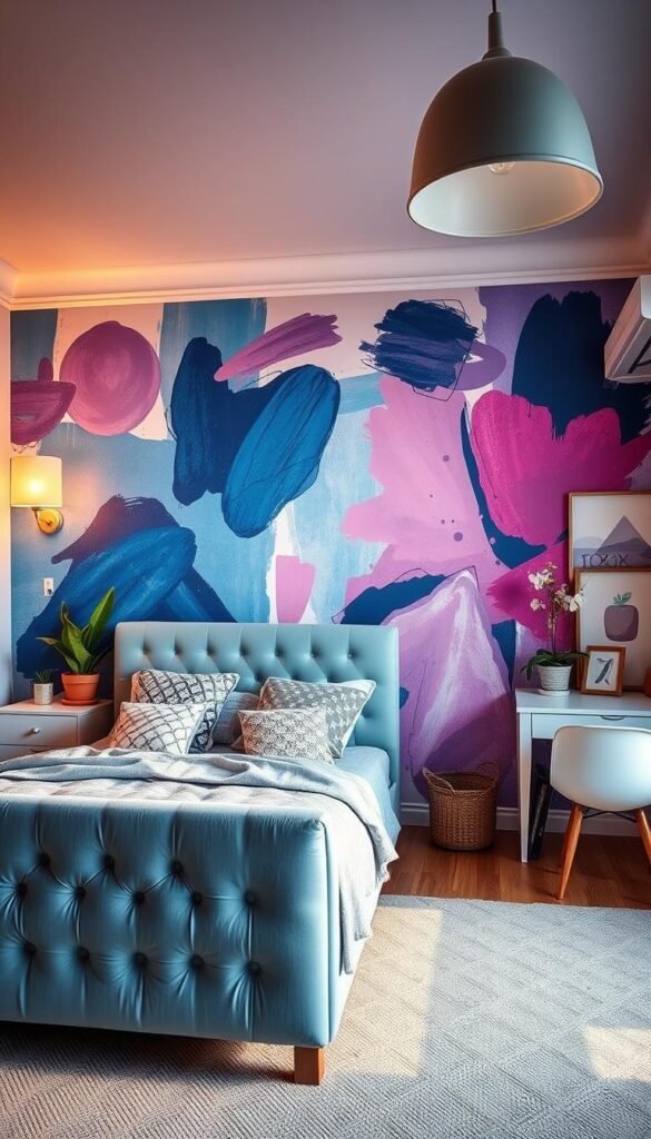 A cozy, stylish teen girl's bedroom with a dramatic statement wall. The focal point is a vibrant, abstract mural in shades of blue, purple, and pink, with dynamic brushstrokes and geometric shapes. Soft, warm lighting from sconces and a large floor lamp casts a golden glow across the room, creating a relaxing ambiance. In the foreground, a plush, tufted velvet bed frame in a soft blue hue is adorned with an array of patterned throw pillows. A mid-century inspired nightstand and a sleek, modern desk complete the scene, while potted plants and framed artwork add personal touches. The overall aesthetic is a harmonious blend of contemporary and vintage elements, perfect for inspiring creativity and self-expression.