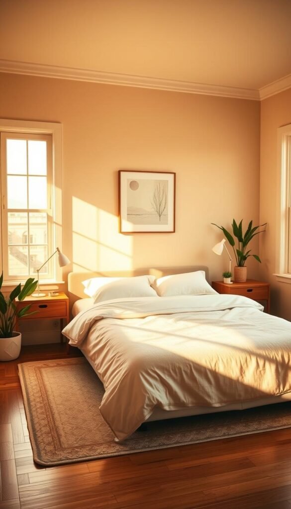 A cozy, sun-drenched bedroom bathed in soft, buttery yellow light. Warm natural illumination streams through large windows, casting a gentle glow over the minimalist but inviting decor. A plush, neutral-toned bed takes center stage, adorned with crisp, white linen and a few carefully placed throw pillows. Sleek, wooden nightstands flank the bed, each topped with a simple, modern lamp. The hardwood floors are covered by a subtly patterned area rug, tying the space together. Tall, potted plants in the corners add a touch of greenery, while a single piece of abstract wall art above the bed completes the serene, effortlessly elegant atmosphere.