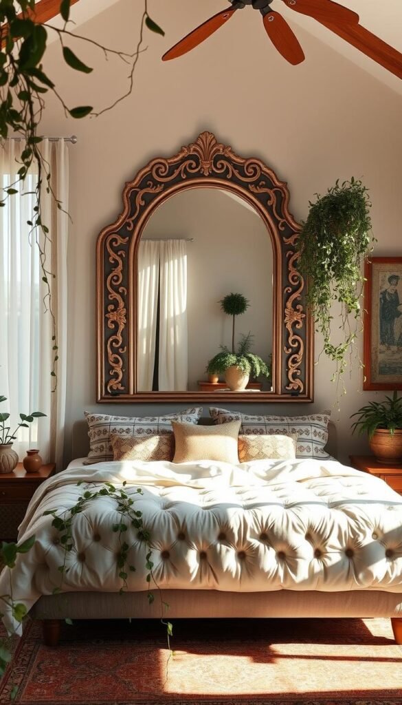 A cozy, sun-drenched boho bedroom with a large statement mirror taking center stage. The mirror features an intricate, organic frame in muted tones, complementing the earthy tones and natural textures throughout the space. Soft, warm lighting filters through sheer curtains, casting a serene glow. In the foreground, a plush, tufted bed is adorned with an assortment of patterned pillows and a fluffy duvet. Trailing vines and plants add a lush, natural vibe, while a vintage rug and wooden accents tie the whole scene together. The overall atmosphere is one of calm, comfort, and elevated style. A cozy, sun-drenched boho bedroom with a large statement mirror taking center stage. The mirror features an intricate, organic frame in muted tones, complementing the earthy tones and natural textures throughout the space. Soft, warm lighting filters through sheer curtains, casting a serene glow. In the foreground, a plush, tufted bed is adorned with an assortment of patterned pillows and a fluffy duvet. Trailing vines and plants add a lush, natural vibe, while a vintage rug and wooden accents tie the whole scene together. The overall atmosphere is one of calm, comfort, and elevated style.