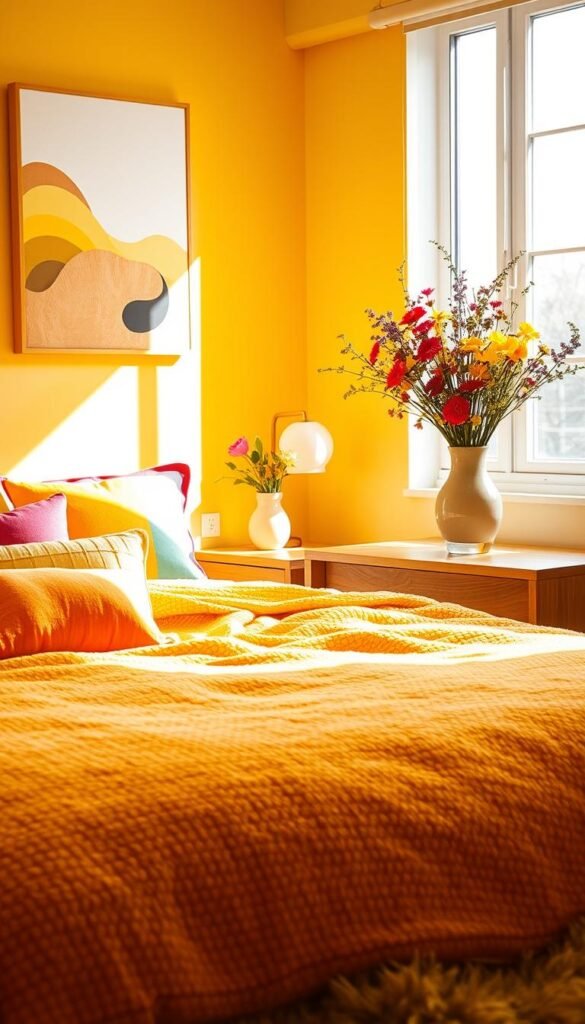 A cozy, sun-drenched mustard yellow bedroom with vibrant pops of color. In the foreground, a plush, textured bedspread in a rich ochre shade, complemented by cheerful rainbow-hued throw pillows and blankets. Mid-frame, a sleek wooden nightstand with a vibrant bouquet of fresh wildflowers in a ceramic vase. The background features a large window, bathing the space in warm, golden natural light that casts a soft, inviting glow. Minimalist abstract wall art in complementary shades hangs above the bed, and a fluffy mustard yellow area rug grounds the space. The overall effect is one of joyful, harmonious color and comforting, tranquil atmosphere.
