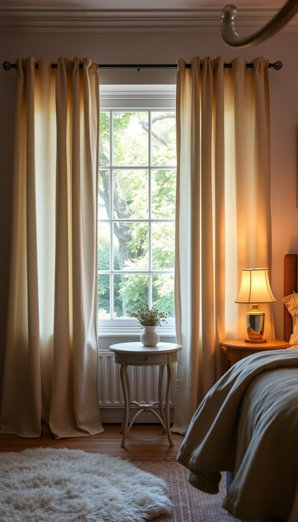 A cozy, sunlit bedroom with a large window showcasing lush garden views. Elegant linen curtains in a soft, muted color palette frame the window, diffusing the natural light and creating a serene, private atmosphere. The curtains are tastefully draped, with gentle folds and a slight sheen that reflects the gentle glow. In the foreground, a plush area rug and a delicate, vintage-inspired side table complete the inviting scene, conveying a sense of modern cottage charm. Soft, warm lighting from a table lamp bathes the room in a comforting glow, while the overall composition evokes a peaceful, rejuvenating ambiance.