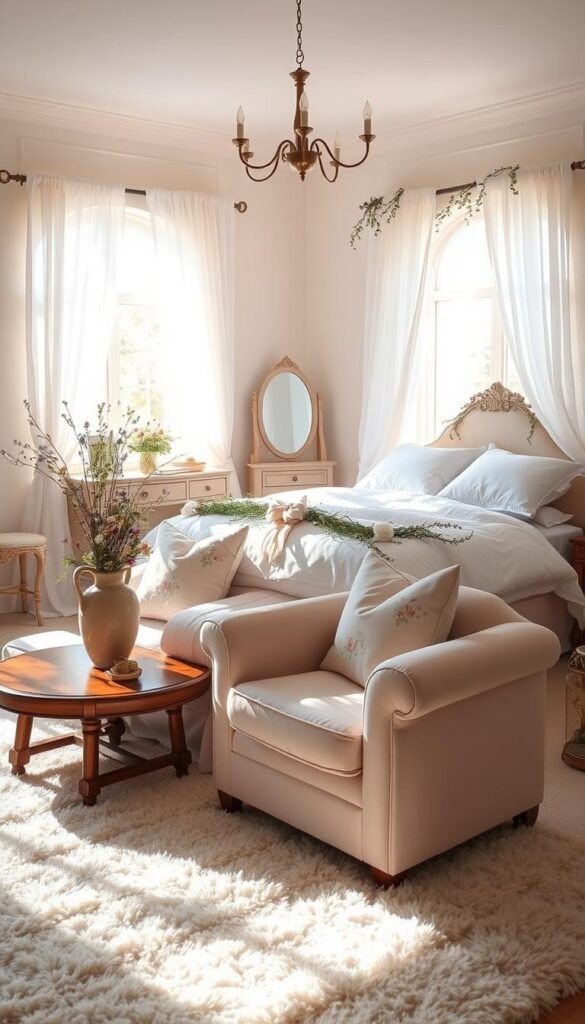 A cozy, sunlit feminine bedroom sanctuary, soft and inviting. In the foreground, a plush, oversized armchair in a pastel velvet upholstery, with delicate floral throw pillows. Beside it, a low wooden side table holds a large ceramic vase with fresh wildflowers. In the middle ground, a king-size bed with a fluffy white duvet and a garland of fairytale-like vines and blooms draped across the headboard. Sheer, gauzy curtains frame the large window, diffusing warm natural light. The background features pale, textured walls, with a vintage-style vanity and a soft, shaggy area rug underfoot, creating a serene and tranquil atmosphere.