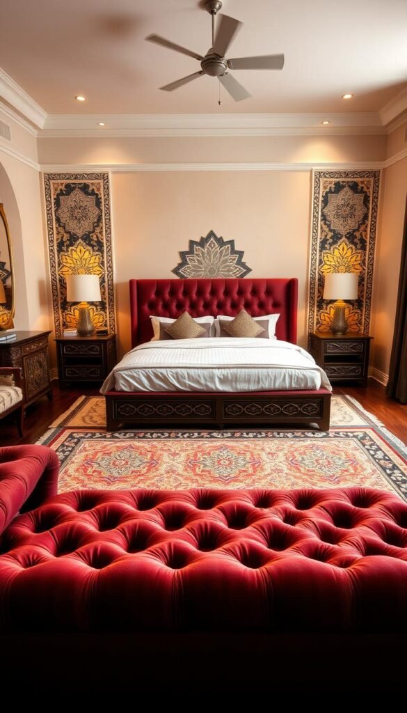 A cozy, well-appointed Moroccan-inspired bedroom with a modern twist. In the foreground, a plush, tufted headboard in a rich, jewel-toned hue takes center stage, flanked by intricate carved wooden nightstands. In the middle ground, a large, ornate area rug in vibrant geometric patterns anchors the space, complemented by a stylish, low-profile platform bed dressed in luxurious linens. The background features an accent wall adorned with intricate, hand-painted tiles in a striking, high-contrast palette, with warm, ambient lighting casting a soft, inviting glow throughout the room. The overall atmosphere is one of exotic elegance, effortlessly blending traditional Moroccan design elements with a modern, sophisticated aesthetic.