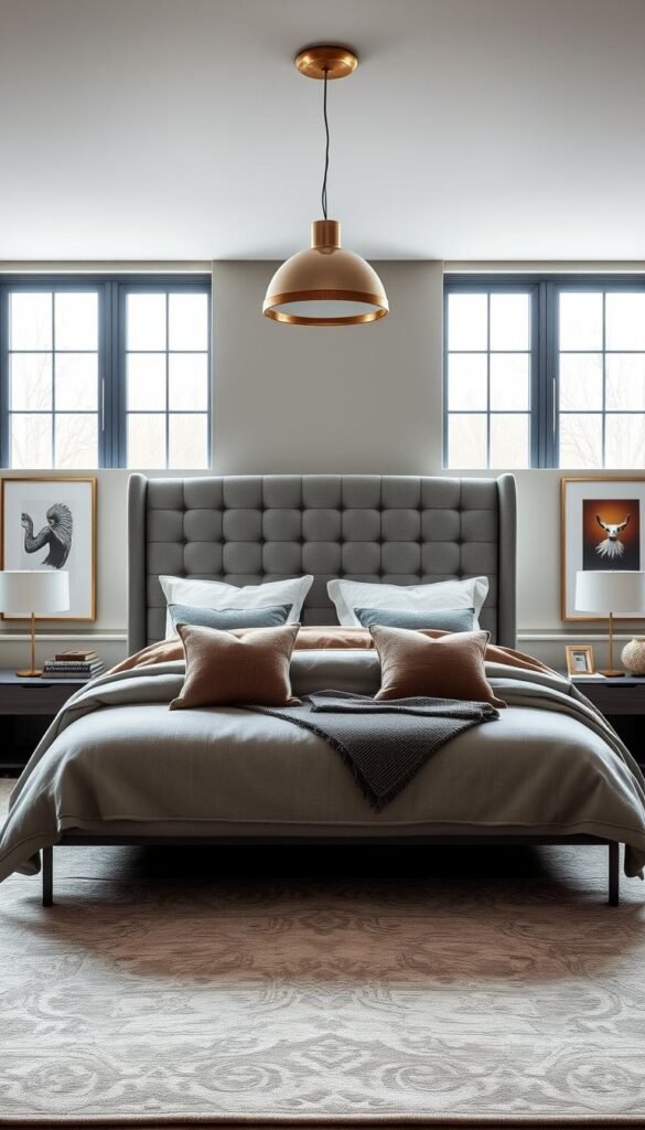 A cozy, well-appointed modern chic bedroom with muted tones and clean lines. A plush, tufted gray headboard dominates the focal point, framed by sleek side tables with minimalist lamps. Soft, organic textures like linen and wool create visual interest, while metallic accents like a brass pendant light and picture frames lend a refined elegance. The large windows allow ample natural light to flood the space, giving it an airy, sophisticated ambiance. Neutral-hued walls and a patterned area rug ground the composition, resulting in a serene, harmonious aesthetic that exudes modern comfort and style.