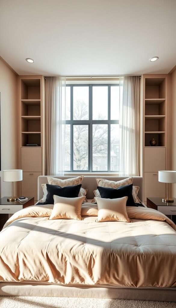 A cozy, well-designed bedroom showcasing practical implementation ideas. In the foreground, a plush king-sized bed with luxurious bedding and an array of throw pillows. Flanking the bed are two modern nightstands with sleek lamps, creating a balanced and symmetrical composition. In the middle ground, a large window allows ample natural light to flood the space, complemented by sheer curtains that gently billow. The background features built-in shelving units and a minimalist desk, seamlessly integrating storage and work areas. The overall atmosphere is warm, inviting, and reflects a harmonious blend of form and function.