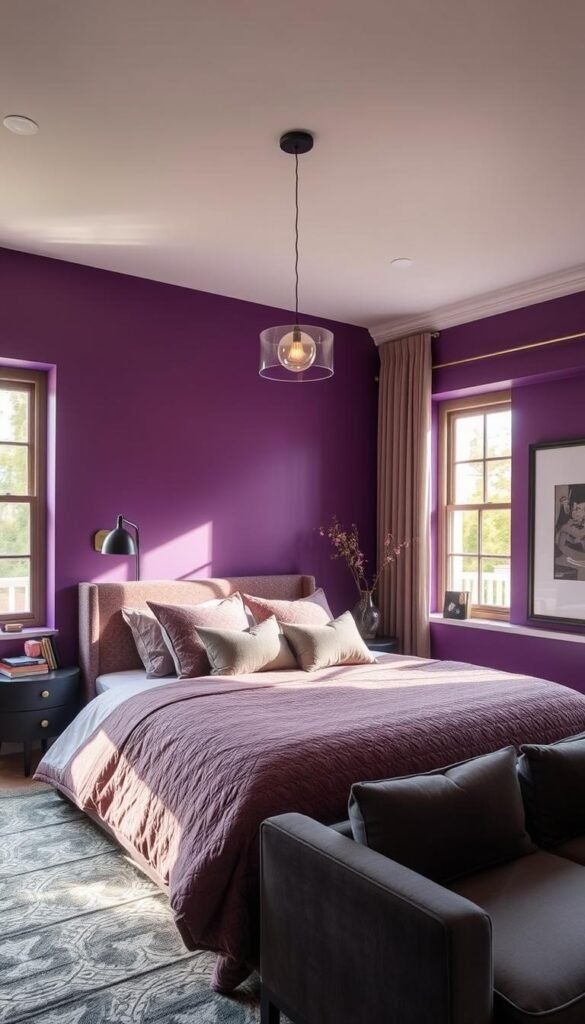 A cozy, well-lit bedroom with a custom, rich purple wall color that seamlessly blends with the textured bedding, plush pillows, and sleek, modern furniture. Soft, natural lighting streams in through large windows, casting a warm glow on the room. The overall atmosphere exudes a sense of tranquility and sophistication, with carefully curated decor elements, such as a stylish pendant light and minimalist artwork, completing the luxurious yet inviting ambiance.