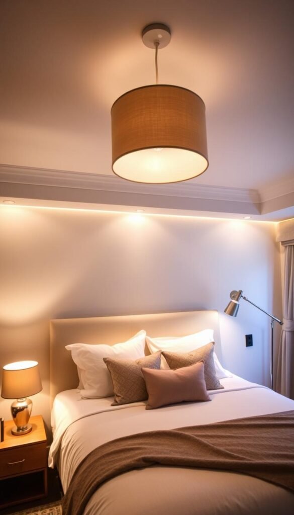 A cozy, well-lit bedroom with layered lighting for ambiance and function. Warm, diffused light from a central overhead pendant casts a soft glow, while task lighting from bedside sconces and a floor lamp provide focused illumination. Subtle mood lighting from concealed cove lighting along the headboard and perimeter creates a tranquil, spa-like atmosphere. The room's neutral color palette and natural textures are highlighted by the carefully curated lighting design, creating a harmonious and inviting space. A cozy, well-lit bedroom with layered lighting for ambiance and function. Warm, diffused light from a central overhead pendant casts a soft glow, while task lighting from bedside sconces and a floor lamp provide focused illumination. Subtle mood lighting from concealed cove lighting along the headboard and perimeter creates a tranquil, spa-like atmosphere. The room's neutral color palette and natural textures are highlighted by the carefully curated lighting design, creating a harmonious and inviting space.