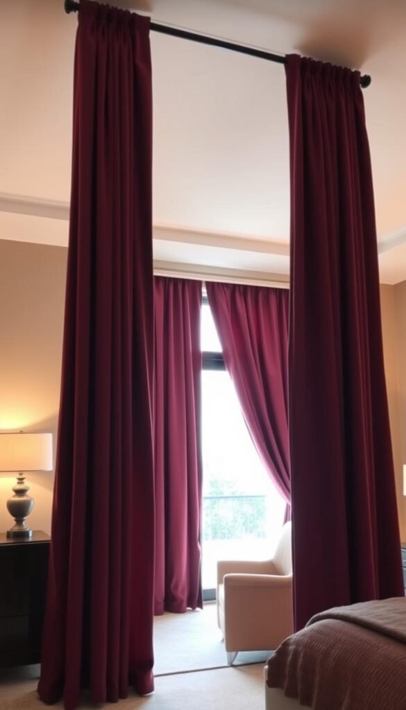 A cozy, well-lit bedroom with warm, inviting lighting. In the foreground, a pair of luxurious, solid drapery curtains in a rich, velvety burgundy hue cascade gracefully from the ceiling, their folds and pleats creating a sense of depth and texture. The curtains frame a large window, allowing a soft, diffused natural light to filter through. In the middle ground, a plush, oversized armchair upholstered in a complementary neutral tone sits adjacent to a sleek side table, creating a intimate seating area. The background features a muted, neutral-toned wall, allowing the curtains and furnishings to take center stage and create a calming, harmonious atmosphere that balances the maximalist elements of the space.
