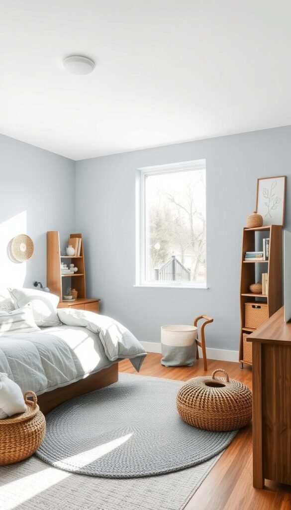 A cozy, well-lit boys' bedroom with flexible color foundation. Soft, muted tones of blue, gray, and white create a calming, versatile backdrop. A large window floods the space with natural light, casting gentle shadows. Subtle textural elements like woven baskets, plush bedding, and wooden furniture add depth and warmth. The layout is open and inviting, with ample room for play and growth. Thoughtful, modern decor pieces, such as a minimalist bookshelf and abstract wall art, inject personality without overwhelming the soothing color palette. An overall sense of balance, comfort, and adaptability permeates the scene, reflecting a space that can evolve alongside a growing child.