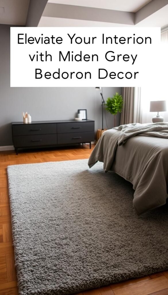 A cozy, well-lit grey bedroom with a plush, textured rug covering the hardwood floor. The rug is a medium-toned grey with subtle patterns or a solid color, complementing the surrounding grey tones. The lighting is warm and diffused, creating a serene, relaxing atmosphere. The camera angle is slightly elevated, capturing the full view of the bedroom floor and rug. The overall scene conveys a sense of modern, minimalist elegance, perfect for illustrating the "Elevate Your Interior with Modern Grey Bedroom Decor" article.