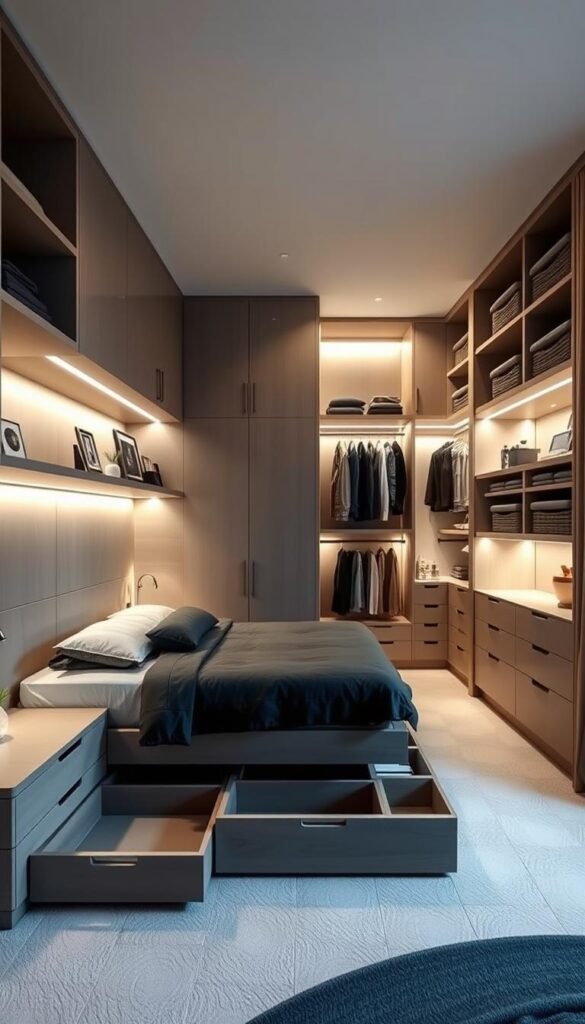 A cozy, well-lit modern bedroom with an array of sleek, custom-designed storage solutions. A minimalist, floating bedframe with ample under-bed drawers and cubbies. On the walls, modular shelving units with built-in LED lighting, perfect for displaying decor and books. A spacious, walk-in closet with a mix of hanging rods, drawers, and slide-out baskets, all meticulously organized. Soft, indirect lighting illuminates the space, creating a serene and harmonious atmosphere. The room exudes a sense of order and efficiency, with every nook and cranny maximized for storage and functionality.