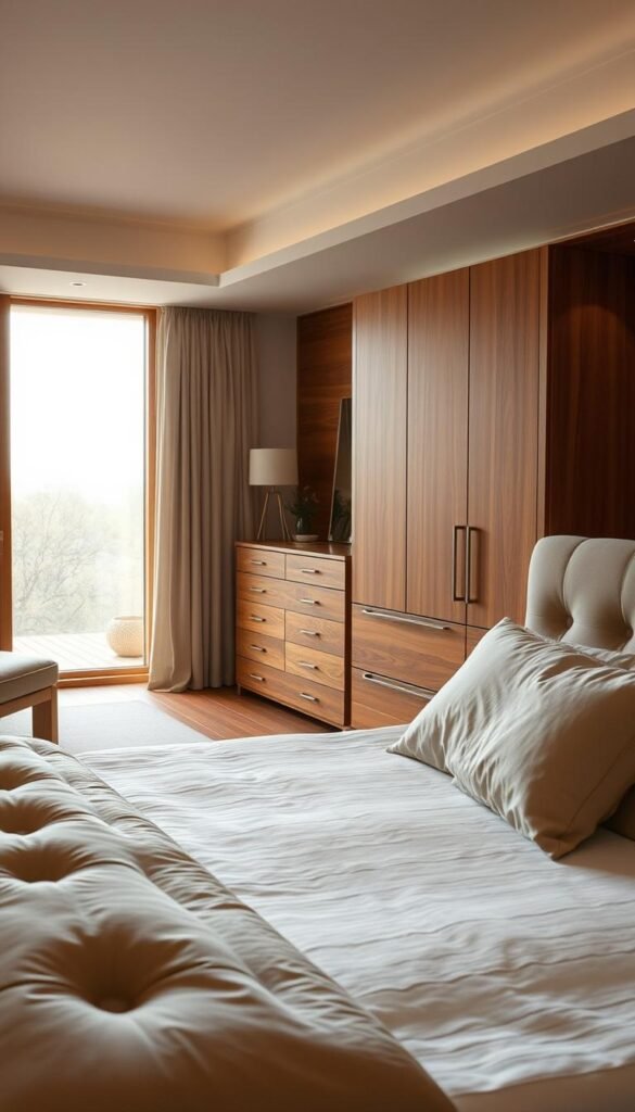 A cozy, well-lit modern bedroom with warm wooden furniture and soft, earthy tones. In the foreground, a large, plush bed with a tufted headboard and luxurious bedding in neutral hues. In the middle ground, a stylish dresser made of richly grained wood, complemented by sleek metal hardware. In the background, a floor-to-ceiling window allows natural light to flood the space, creating a serene and inviting atmosphere. The overall mood is one of comfort and sophistication, with a focus on natural materials and muted colors that evoke a sense of tranquility.