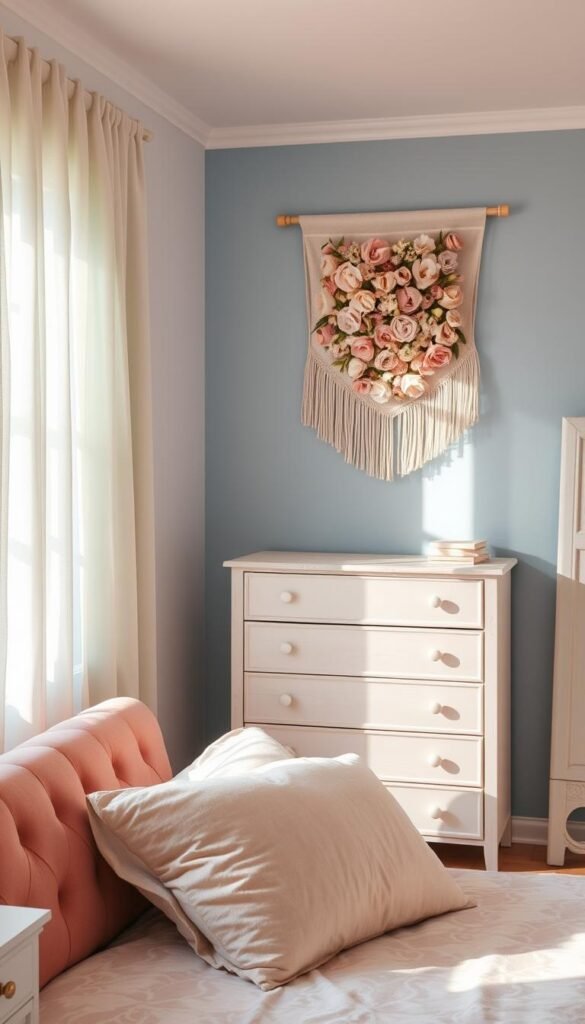 A cozy, well-lit teen girl's bedroom bathed in soft, pastel hues. The foreground features a plush, tufted headboard in a muted dusty rose shade, complemented by a pair of white nightstands with subtle gold accents. Hanging above the bed, a delicate floral wall hanging in shades of peach and lavender creates a dreamy, romantic ambiance. In the middle ground, a whitewashed wooden dresser with clean, minimalist lines stands against a backdrop of pale blue walls, accented by wispy curtains in a complementary pale green. The overall atmosphere conveys a sense of tranquility, warmth, and youthful sophistication, perfect for a modern teen girl's personal sanctuary.