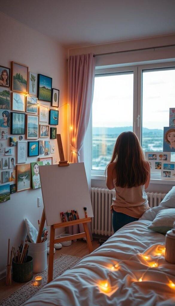 A cozy, well-lit teen girl's bedroom with a vibrant personal art display. In the foreground, a neatly organized array of paintings, sketches, and photographs adorn the walls, showcasing her creativity and unique artistic style. The middle ground features a wooden easel with an unfinished canvas, brushes, and paint tubes, hinting at her artistic process. Subtle ambient lighting from a string of fairy lights casts a warm, inviting glow, complementing the soft pastel color scheme of the room. In the background, a large window overlooks a serene outdoor landscape, providing natural illumination and a sense of connection to the world beyond. The overall atmosphere is one of personal expression, inspiration, and a celebration of the teenager's talents and individuality.