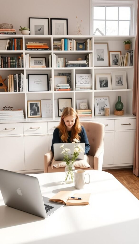 A cozy, well-lit teen girl's homework zone with an elegant, modern aesthetic. In the foreground, a large, clean white desk with a sleek, minimalist design, adorned with a laptop, a mug of fresh flowers, and a few carefully placed notebooks and stationery. In the middle ground, a comfy upholstered chair in a muted pastel shade, perfect for long study sessions. The background features a wall-mounted shelving unit displaying an array of books, art prints, and decorative accents, all bathed in soft, diffused natural light from a large window. The overall mood is one of productivity, comfort, and personal style.