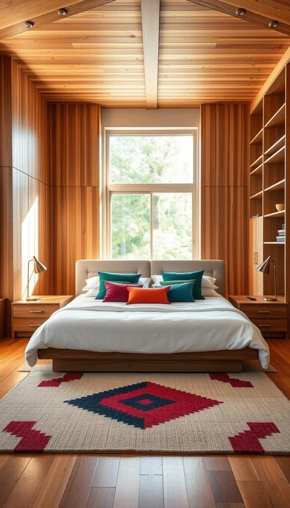 A cozy, well-lit wooden bedroom with a mix of contemporary and natural elements. In the foreground, a plush king-size bed with a crisp white duvet and an array of colorful throw pillows in rich jewel tones like emerald, sapphire, and ruby. Wooden nightstands with sleek, minimalist lamps flank the bed, their metallic accents contrasting with the warm timber. In the middle ground, a floor-to-ceiling window allows natural light to flood the space, casting a soft glow on the polished hardwood flooring and the artfully arranged area rug in a bold geometric pattern. Towering, natural-finish wooden wardrobes and shelves line the walls, adding texture and depth to the design. The overall atmosphere is one of serene sophistication, with the perfect balance of color, material, and lighting.