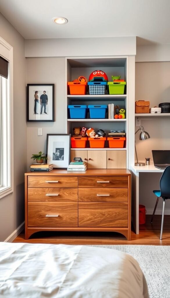 A cozy, well-organized boys' bedroom with smart storage solutions. In the foreground, a wooden dresser with geometric drawers and sleek metal handles. On top, a selection of books, a small plant, and a framed artwork. In the middle ground, built-in shelves with colorful plastic bins and baskets, housing toys, gadgets, and personal items. The background features a large window, allowing natural light to flood the space, and a minimalist desk with a task lamp and a laptop. The overall mood is modern, practical, and inviting, reflecting a young, active mind.