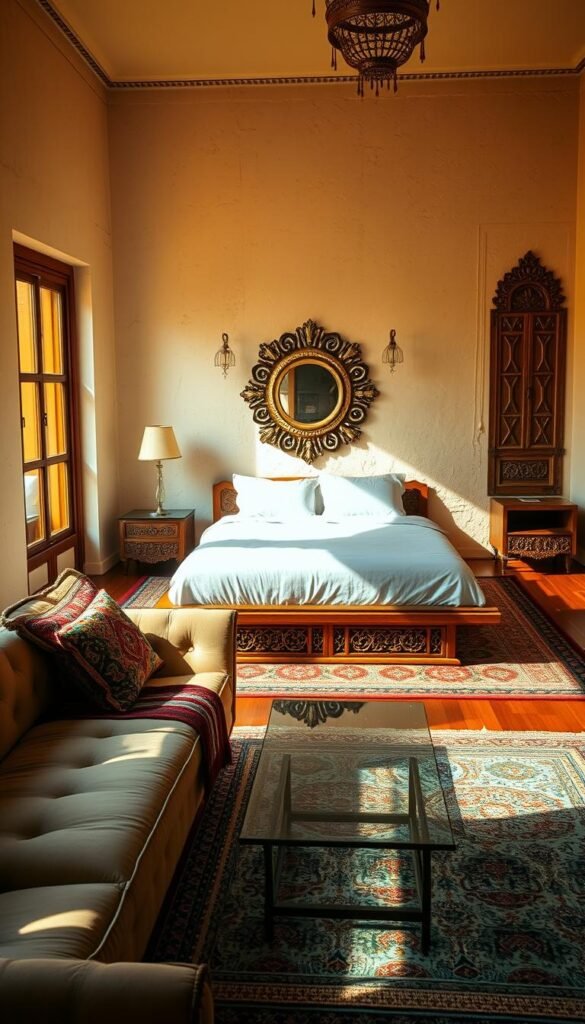 A cozy yet stylish Moroccan-inspired bedroom, bathed in warm, golden light from large windows. In the foreground, a low, tufted sofa adorned with vibrant textiles and ornate metalwork blends seamlessly with a contemporary glass coffee table. Across the room, a sleek, minimalist platform bed is complemented by intricate carved wooden side tables and a plush, patterned rug. The background features a mix of traditional Moroccan elements like an ornate mirror and textured, whitewashed walls, creating a harmonious fusion of old and new. Soft shadows and a slight vignette effect contribute to the intimate, inviting atmosphere.